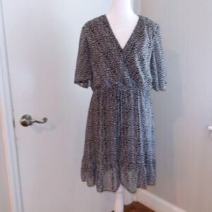 Kirundo Black Print Dress V-Neck Casual Lightweight‎ Dress Sz L / #5345